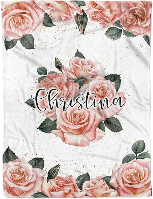 Floral Personalized Baby Blankets for Girls, Customized Baby Blankets for Girls, Best Gift for Baby Girl, Newborn, New Mom, Super Soft Plush Fleece, 30''x40'' Rose