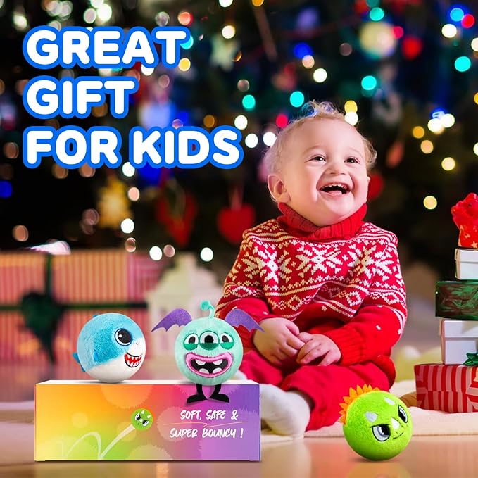 Plush Bouncy Balls for Kids & Toddlers - 3" Large Safe Size BPA Free- Toddler Toys Stuffed Animals -Indoor Outdoor Games - 3 Pack Bulk - Birthday Hallowwen Gift for Boys Girls 1-3 3-5 5-8 8-12