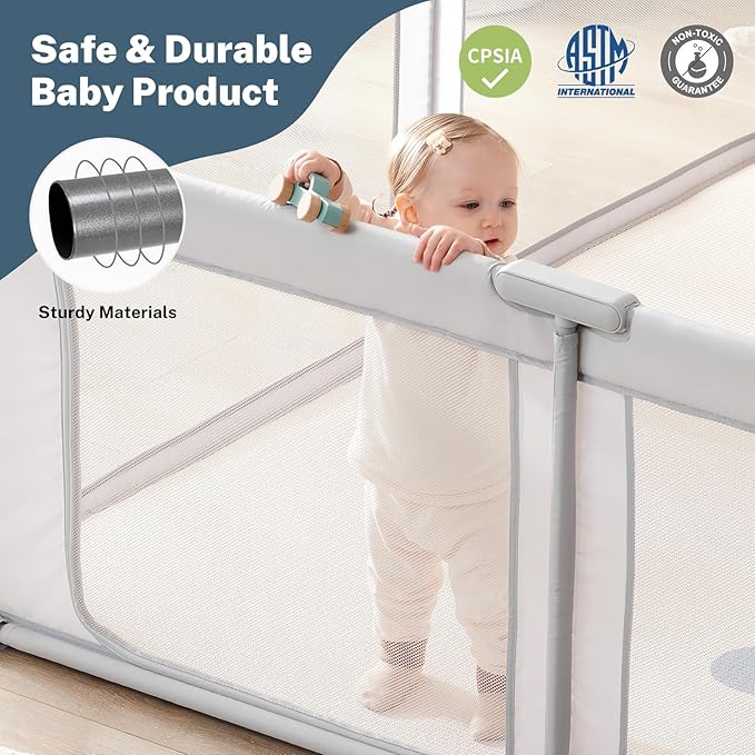 Baby Playpen Portable, Pre-Assembled Play Pen 71x79 Large Foldable Playpen for Babies and Toddlers, Sturdy and Safe Toddler Play Yard Indoor Outdoor with Carry Bag, Grey