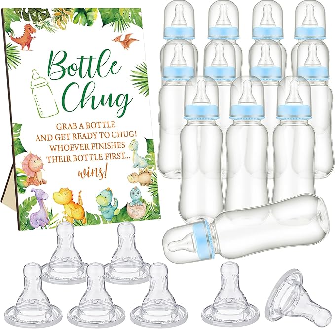 TrelaCo Dinosaur Cool Baby Shower Games Bottle Chug Sign Wooden Green Leaf Gift Sets Gender Reveal Party Favors and 12 Pcs Baby Bottle Shower Favor for Game Gender Reveal