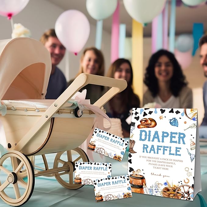 Western Cowboy Diaper Raffle Set For Baby Shower - 50 Raffle Tickets With 1 Standing Sign -Announcement, Gender Reveal Baby Shower Party Decoration Game Set - A07