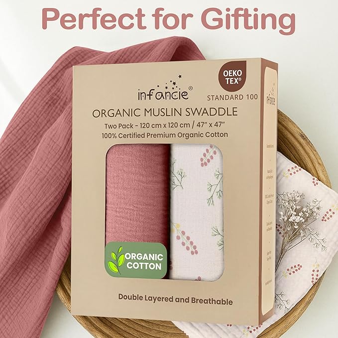 Organic Cotton Muslin Baby Blanket - 47x47 Inch Breathable Swaddle, Hypoallergenic Double-Layer, Versatile Use (Pink Floral, 47x47 Inch)