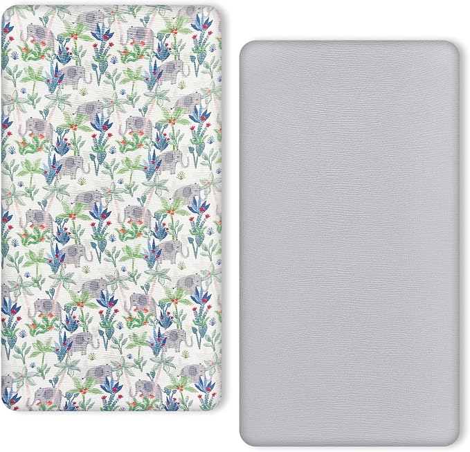TILLYOU Muslin Crib Sheets for Boys and Girls 2 Pack, Neutral Soft Cotton Baby Crib Mattress Protector, for 52x 28 Toddler Bed, Rainforest Elephant & Grey