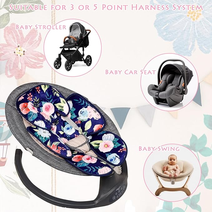 Infant Car Seat Insert, 2 in 1 Baby Head and Body Support for Car Seat, Soft Plush Newborn Carseat Cushion for Stroller Bouncer, Blue Floral