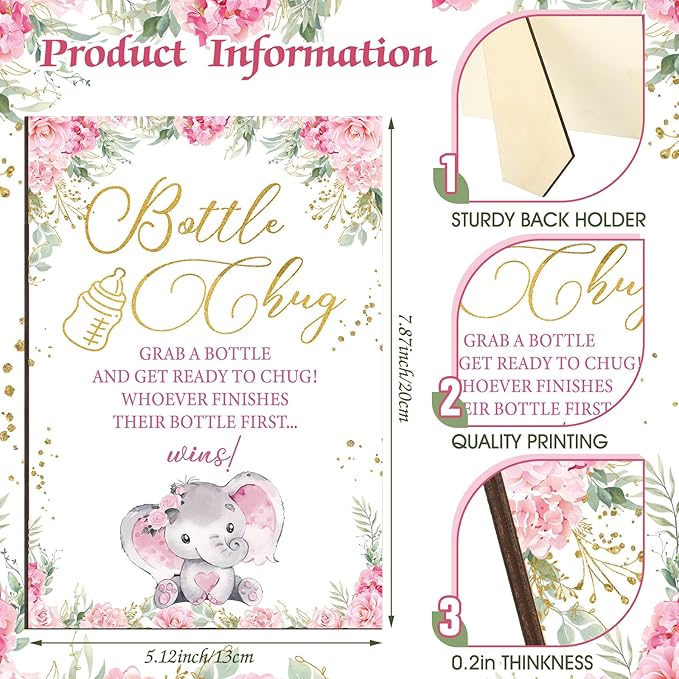 TrelaCo Cool Baby Shower Games Wooden Bottle Chug Sign Rustic Theme Gift Sets and 12 Pcs Baby Bottle Shower Favor for Rustic Kraft Games Gender Reveal (Pink Elephant)