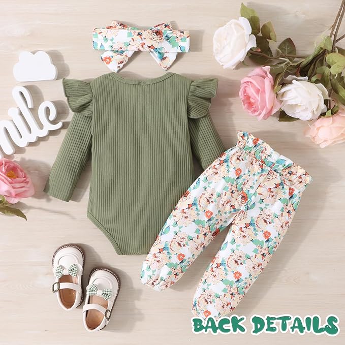 Baby Girl Clothes Newborn Infant Outfits Ruffle Romper+ Floral Pants + Cute Headband Sets for Girls