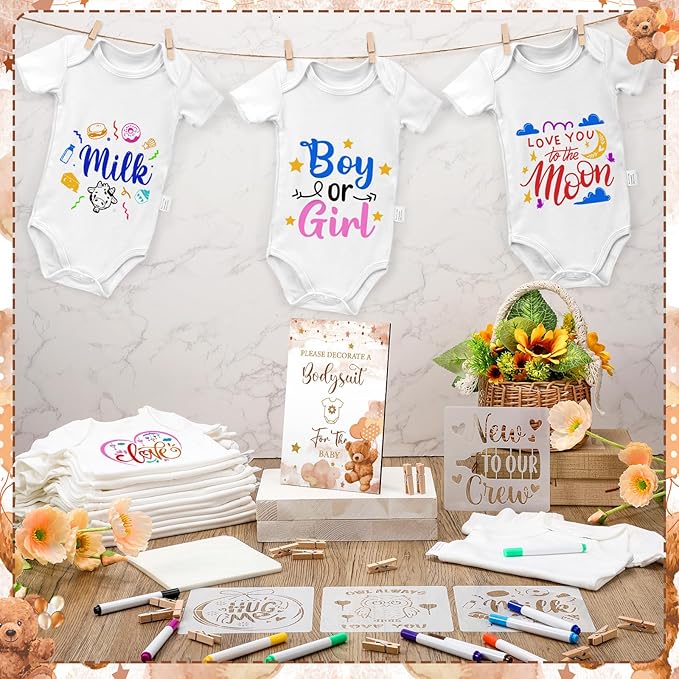 Panitay 126 Pcs Baby Shower DIY Bodysuit Set Rustic Kraft Baby Shower Game Sign DIY Bib 25 Blank White Newborn Bodysuit 25 Stencils 24 Marker 1 Sign 50 Pins for Gender Reveal(Bear)