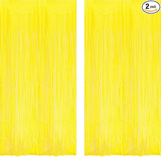 BRAVESHINE Foil Fringe Curtain Backdrop - 2 Pack Yellow Tinsel Photo Booth Backdrop Party Streamers for Easter, Birthdays, Christmas, Lemon, Pineapples, Kids' Party Decorations