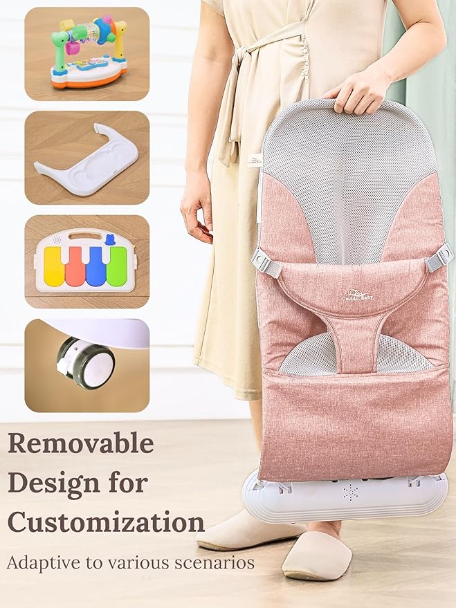 CuddoBaby Baby Bouncer 4-in-1 on Wheels |Detachable Pianos, Feeding Tray| 3-Level Recline Foldable Seat with Play Bar for Infant to Toddler 0-6, 0-12, 12-24 Months, Girl Gift Idea, Upto 29Lbs - Pink
