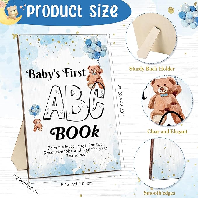Geelin 51 Pcs Fun Baby Shower Game Activities First ABC Book Sign Coloring Game Card 26 Alphabet a to Z Coloring Card with 24 Watercolor Pen Storage Bag for Baby Shower Party(Blue Bear)