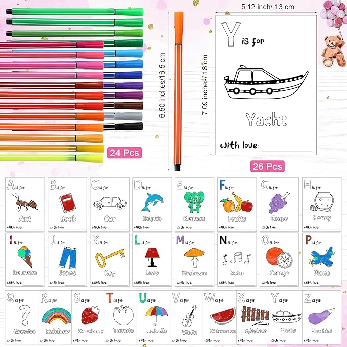 Geelin 51 Pcs Fun Baby Shower Game Activities First Abc Book Sign Coloring Game Card 26 Alphabet a to Z Coloring Card with 24 Watercolor Pen Storage Bag for Baby Shower Party(Pink Bear)