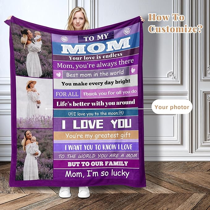Personalized Mothers Day Birthday for Mom Custom Throw Blanket with Pictures, Customized Photo Blankets Gift for Mom Women Grandma Wife from Daughter Son Kids Husband(mom Stripe)