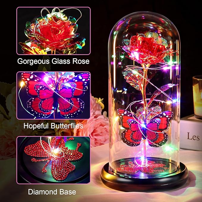 DEEMEI Birthday Gifts for Women Red Rose Eternal Flower Light Up Rose in Glass Dome with Butterfly, Flowers for Delivery Prime Anniversary Grandma Mom Gift Wife Girlfriend