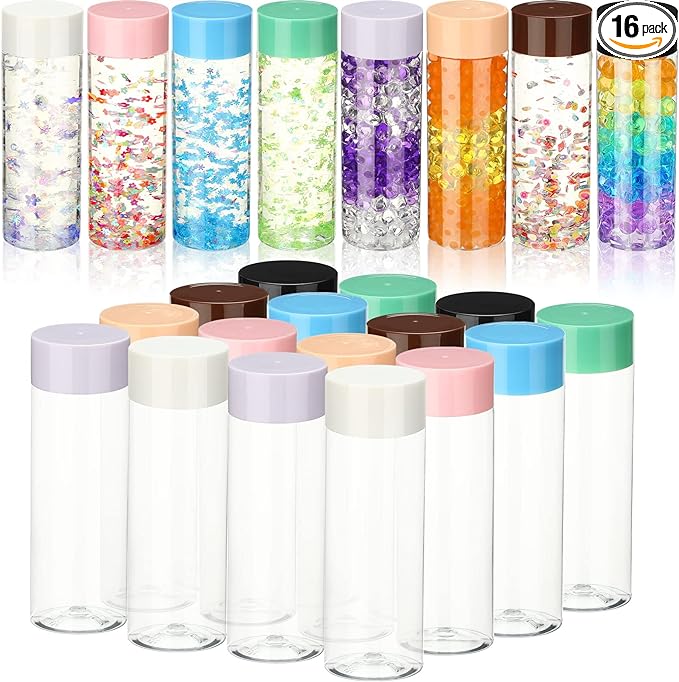 Hoolerry 16 Pcs Empty Plastic Sensory Bottles with Lids Reusable Clear Plastic Sensory Water Bottles for DIY Crafts Classroom Handmade Party Decoration(Multi Colors,13.5 oz)