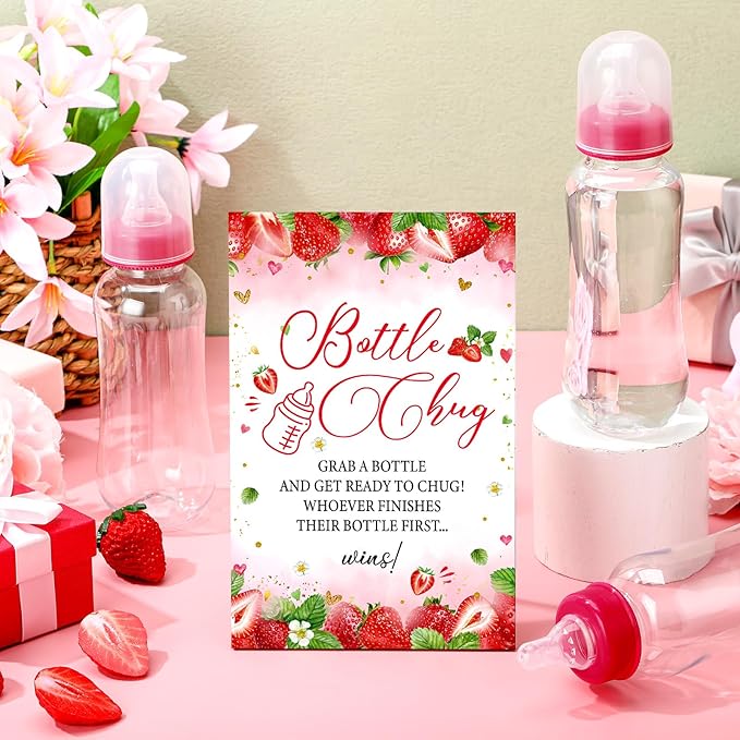 TrelaCo Cool Baby Shower Games Wooden Bottle Chug Sign Strawberry Theme Gift Sets and 12 Pcs Baby Bottle Shower Favor for Rustic Kraft Games Gender Reveal