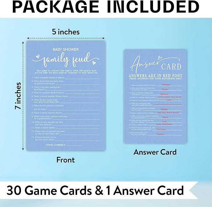 EXW Baby Shower Games, Family Feud, Double-sided Filling Blue Minimalism Game Cards, Funny Baby Shower Games, Baby Shower Party Supplies & Decorations, 30 game Cards & 1 Answer Card -B08