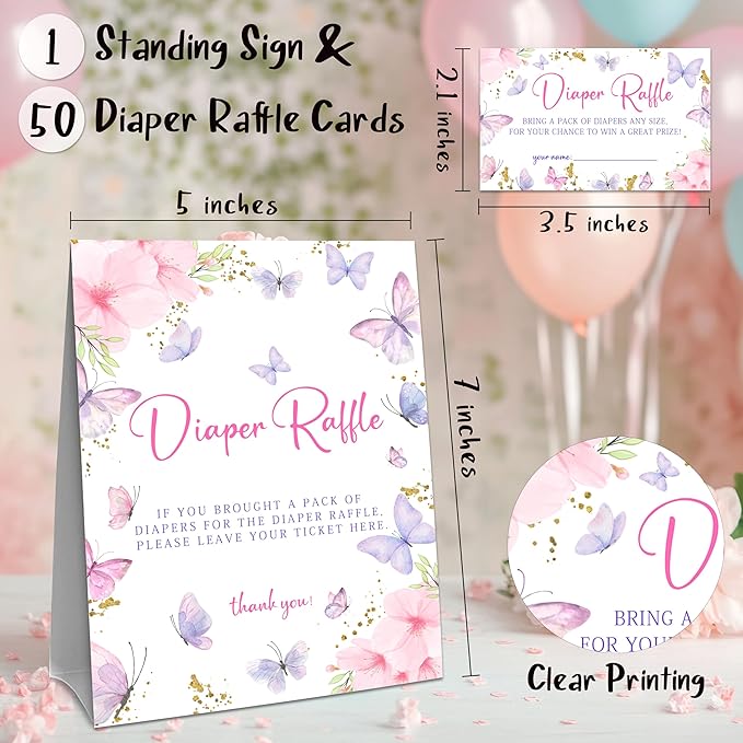 Watercolor Butterfly Diaper Raffle Set For Baby Shower - 50 Raffle Tickets With 1 Standing Sign - Baby Announcement, Gender Reveal Baby Shower Party Decoration Game Set - A03