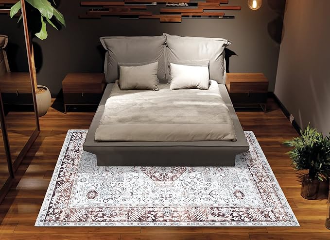 Bloom Rugs Caria Washable Non-Slip 5x7 Rug - Beige/Brown Traditional Area Rug for Living Room, Bedroom, Dining Room, and Kitchen - Exact Size: 5' x 7'