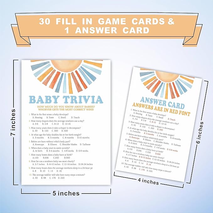 Sunshine Baby Trivia Shower Game Kit - Retro Here Comes The Sun - 30 Fill In Game Cards & 1 Answer Card For Baby Shower, Gender Reveal Party Favor, Activity & Supplies - A07