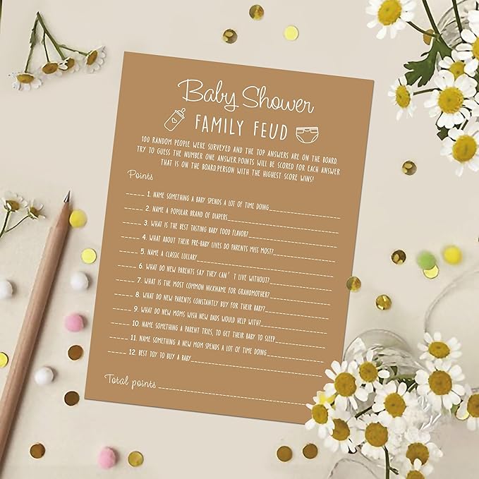 Family Feud Baby Shower Game - Pack of 30 Cards, Answer Key, Gender Neutral Decorations, Feud Game Supplies-01F-Caramel
