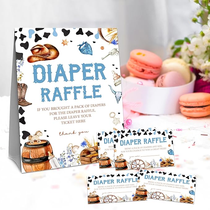 Western Cowboy Diaper Raffle Set For Baby Shower - 50 Raffle Tickets With 1 Standing Sign -Announcement, Gender Reveal Baby Shower Party Decoration Game Set - A07