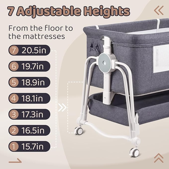 4 in 1 Baby Bassinet Bedside Sleeper, Rocking Baby Crib with Lockable Wheels, Storage, Mosquito Net and Matress Included, 7 Level Adjustable Bedside Bassinet for Baby Newborn(Gray)