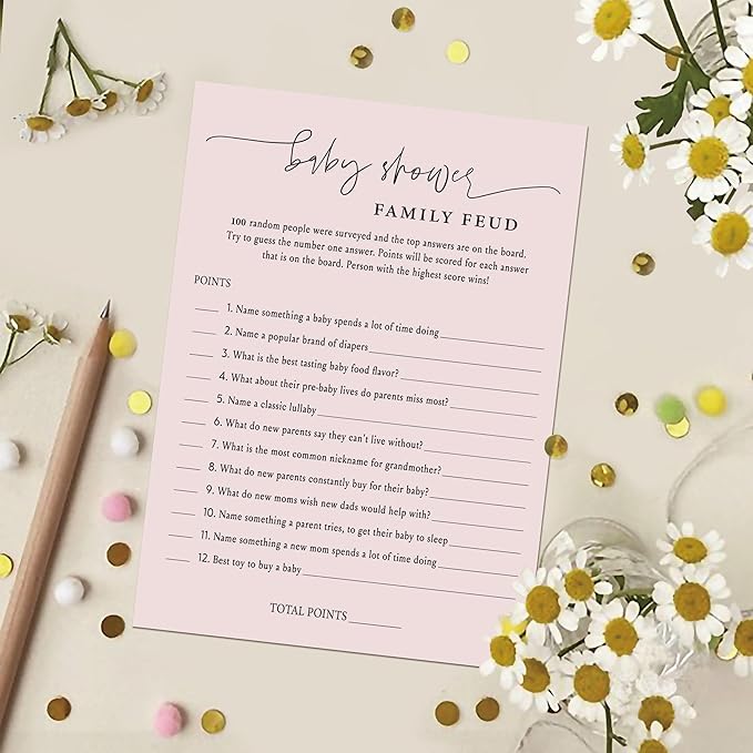 Baby Shower Family Feud Game - Pack of 30 Game Cards 1 Answer Key, Baby Shower Game for Boy & Girl, Gender Neutral Baby Shower Decorations, Baby Feud Game Supplies-06A-Indipink