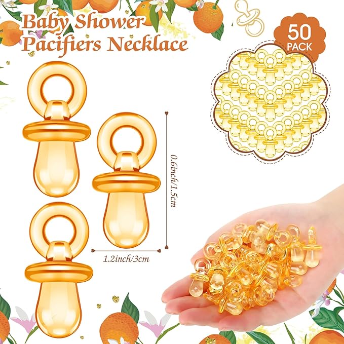 Thyle 51 Pcs Pacifier Hunt Baby Shower Games Include Hunt Sign and 50 Acrylic Pacifiers for Baby Shower Game Decoration Gift Sets Gender Reveal Party Decor(Orange)