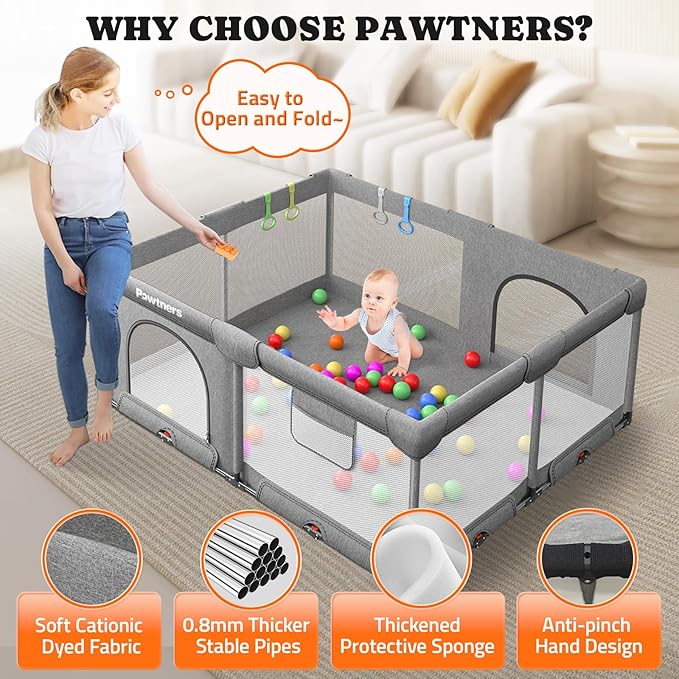 Foldable Playpen for Babies and Toddlers: 71" L x 59" W x 27" H(External Dimensions), Large Kids Play Yard, Portable for Indoor and Outdoor Play Area, Baby Gate with 50PCS Ocean Ball, 4 Handles