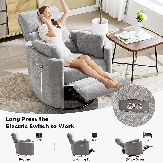 Power Recliner, Upholstered Nursery Adult Swivel Rocking Glider, Electric Recliner Chair with USB Port with 2 Pillows for Living Room Bedroom (LIGHTGREY, Power-Driven)