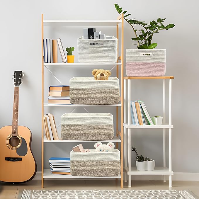 COMFY-HOMI 2 pcs Large Storage Baskets for Shelves, Laundry Basket, Woven Rope Basket, Closet Organizer Bins for Clothes Blanket Towels, Baby Nursery, Gift Toy Baskets, 17” x 13” x 7.5”-White/3 Brown