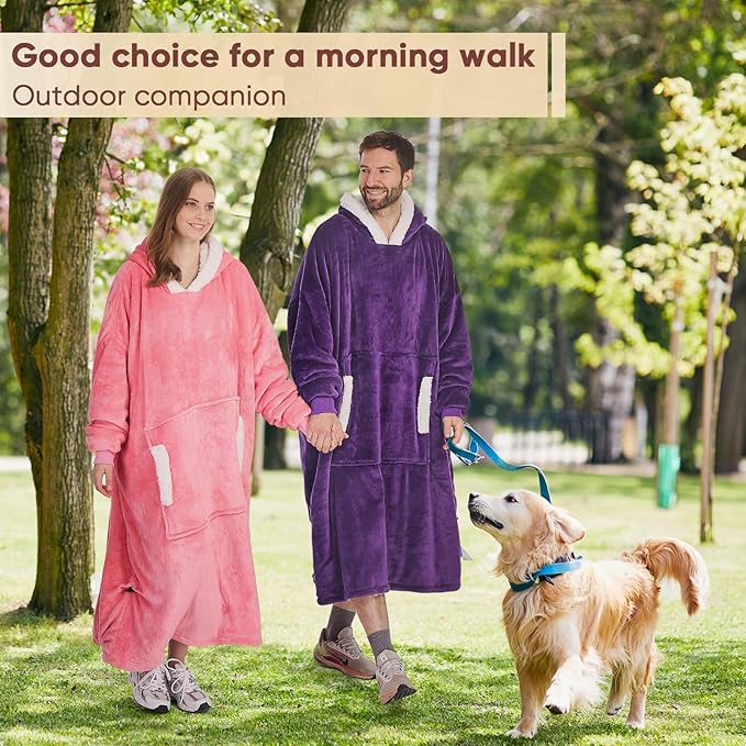 yescool Wearable Blanket Hoodie - birthday gifts for Adults/Women/mom, Flannel Cozy Sherpa Fleece Blanket Sweatshirt with Hood, Pocket & Sleeves, Large, One Size Fits All (Deep Purple)