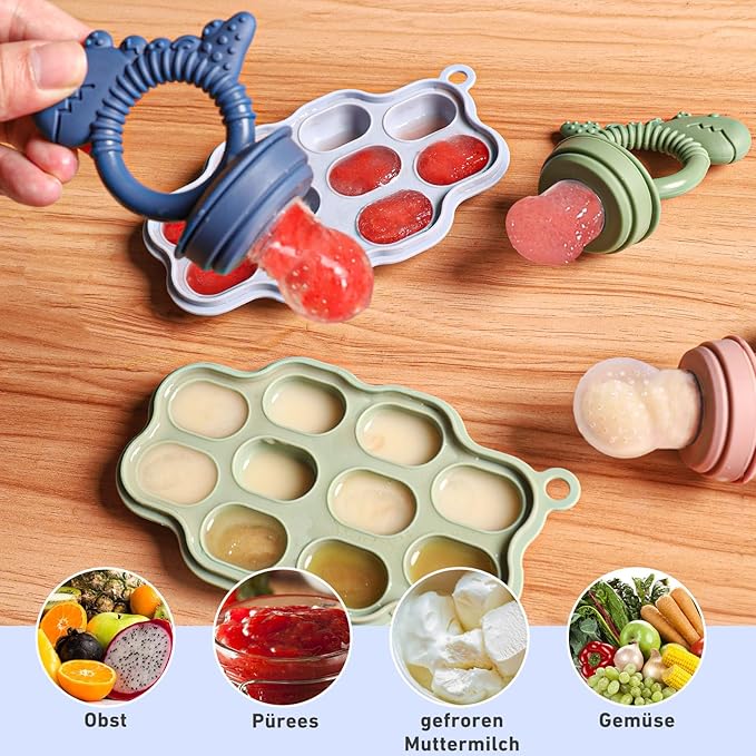 Baby Breastmilk Popsicle Molds & Baby Fruit Feeder Pacifier, Silicone Baby Food Freezer Tray Storage Containers for Infant Teething Self Feeding (1 Set)