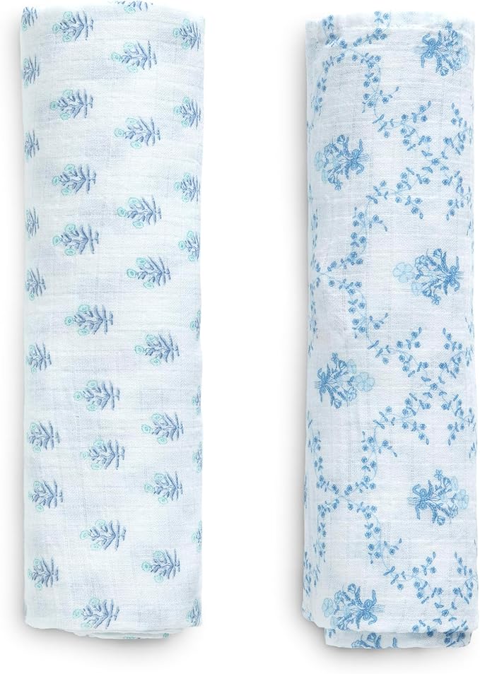 Delta Children 100% Cotton Muslin Baby Receiving Blankets for Girls and Boys – 47x47 Inches (Pack of 2), Blue Botanicals