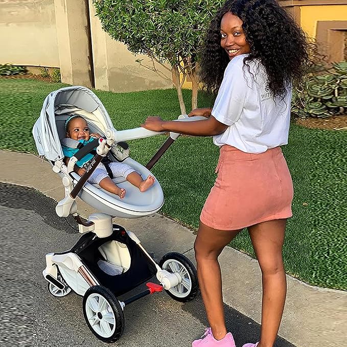 Hot Mom New H5 Baby Stroller 360 Degree Rotation Function, PU Leather Seat Combo Pushchair & Pram, Grey