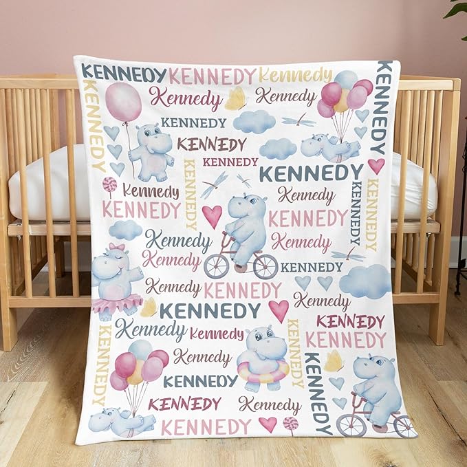 Personalized Baby Blanket for Girls Hippopotamus Custom Baby Blankets with Name Dotted Backing Customized Gifts for New Mom Customize Baby Blanket for Kids Newborn Birthday Pink