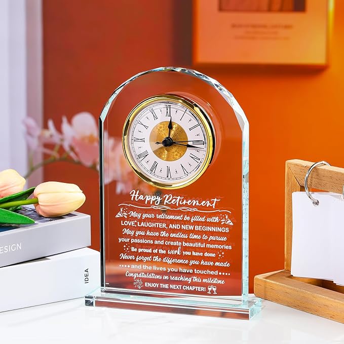 Glass Retirement Clock Gifts for Women Men, Happy Retirement Plaque Gift for Colleagues Boss Friends, Farewell Goodbye Gift Idea for Her Going Away, Retired Keepsakes for Teacher Doctor