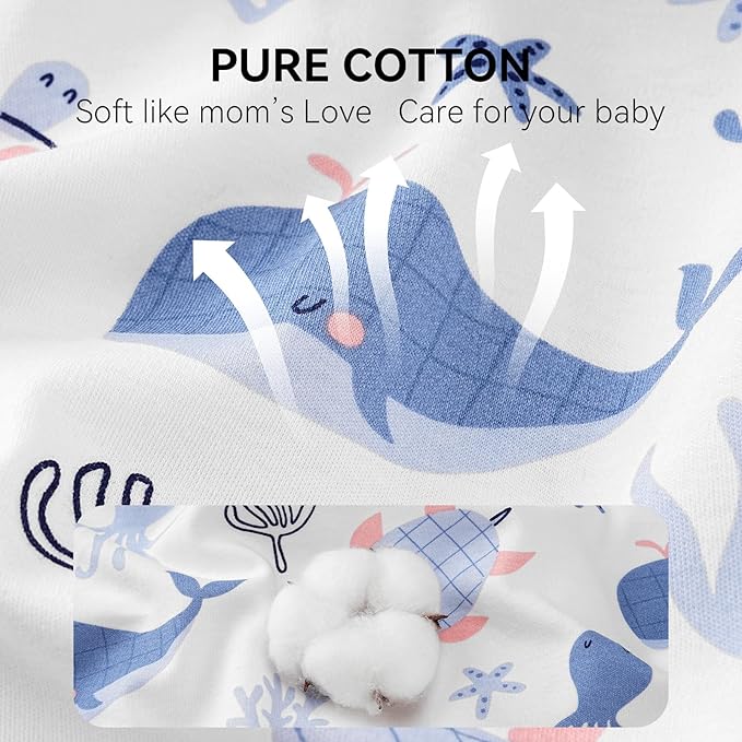 Baby Sleep Sack 6-12 Months, Long Sleeve Baby Wearable Blanket 0.5 Tog with Mittens, 2-Way Zipper Infant Cotton Sleeping Sack for Boy and Girl Blue Sea 2 Pack (Medium)