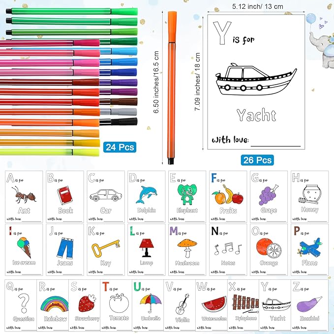 Geelin 51 Pcs Fun Baby Shower Game Activities First Abc Book Sign Coloring Game Card 26 Alphabet a to Z Coloring Card with 24 Watercolor Pen Storage Bag for Baby Shower Party(Blue Elephant)