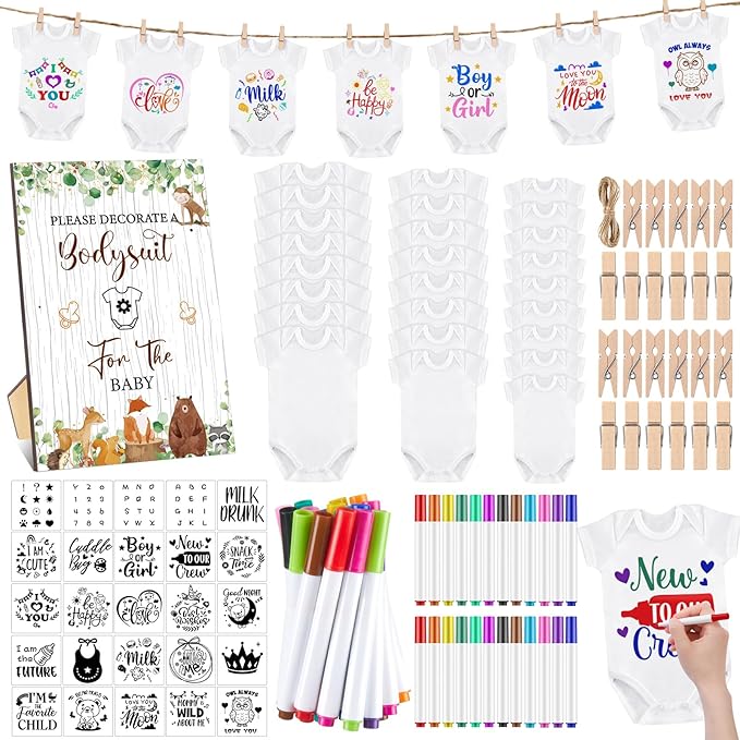 Panitay 126 Pcs Baby Shower DIY Bodysuit Set Rustic Kraft Baby Shower Game Sign DIY Bib 25 Blank White Newborn Bodysuit 25 Stencils 24 Marker 1 Sign 50 Pins for Gender Reveal(Woodland Animals)