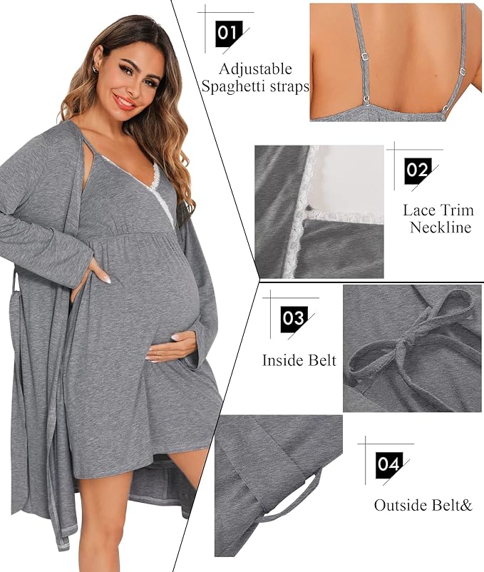 SWOMOG Womens Maternity Robe 2 Piece Nursing Nightgown for Breastfeeding 3 in 1 Labor Delivery Nursing Dress Lace Bathrobe