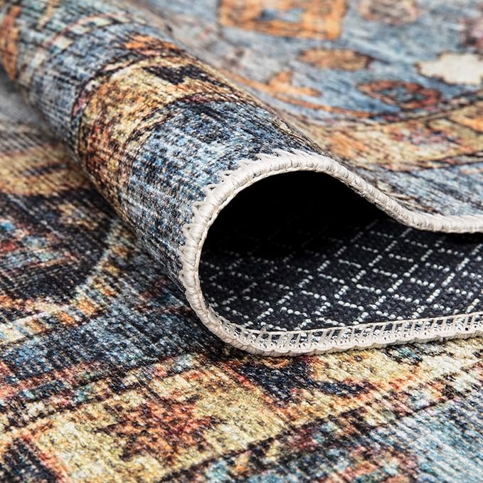 Bloom Rugs Washable Non-Slip 10 ft Runner - Blue/Orange Traditional Bordered Runner for Entryway, Hallway, Bathroom, and Kitchen - Exact Size: 2.5' x 10'