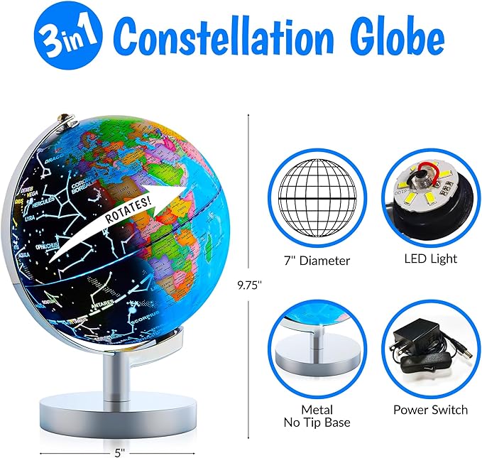 USA Toyz Illuminated Globe for Kids Learning- 3-in-1 STEM Globes of the World with Stand, Constellation Map, Built-in LED Night Light Desk Globe Lamp, Non-Tip Metal Base, 9.75” Tall, 7 Inch Diameter