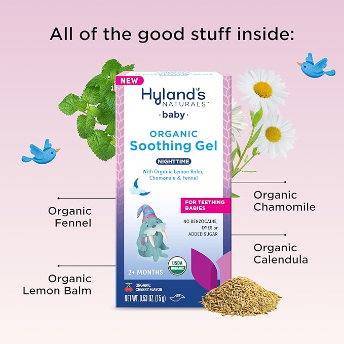 Hyland's Baby Organic Night Oral Soothing Gel, with Chamomile, Calendula, and Fennel, Cooling Gel for Oral Discomfort, Easy-to-Apply, Ages 2 Months and Up, 0.53 Ounce