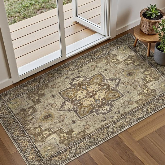 Ciicool Washable Vintage Area Rug, 2x4ft Boho Small Rug, Ultra Soft Rugs for Entryway, Non-Slip Entry Rugs Oriental Low-Pile Indoor Mat Floor Carpet for Entrance Bedroom Kitchen Bathroom Foyer Decor