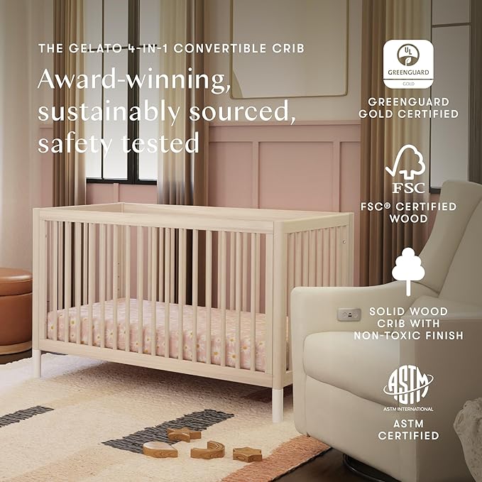 Babyletto Gelato 4-in-1 Convertible Baby Crib with Wooden Toddler Bed, Daybed & Full-Size Bed Conversion - GREENGUARD Gold Certified - 4 Adjustable Mattress Heights - Washed Natural & White