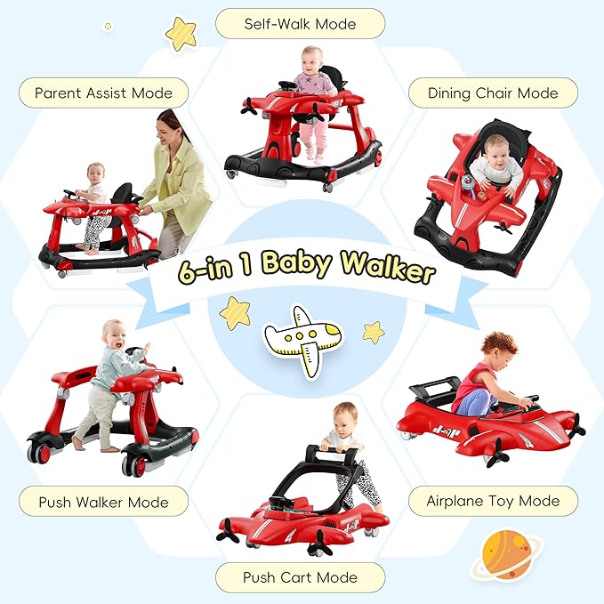 Xilingol 6-in-1 Baby Walker with Wheels, Adjustable Height & Speed Activity Walker with Padded Seat, Foldable Walker for Babies, Toddler Push Walkers for Boy & Girl 6-18 Months, Music & Light