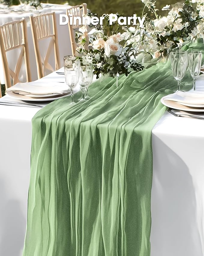 Pureegg 2-Pack Cheese Cloths Table Runner, 120'' Boho Table Cloth Decorations for Party, Baby Shower, Wedding and Farmhouse, Fabric Room Decor, Sage Green