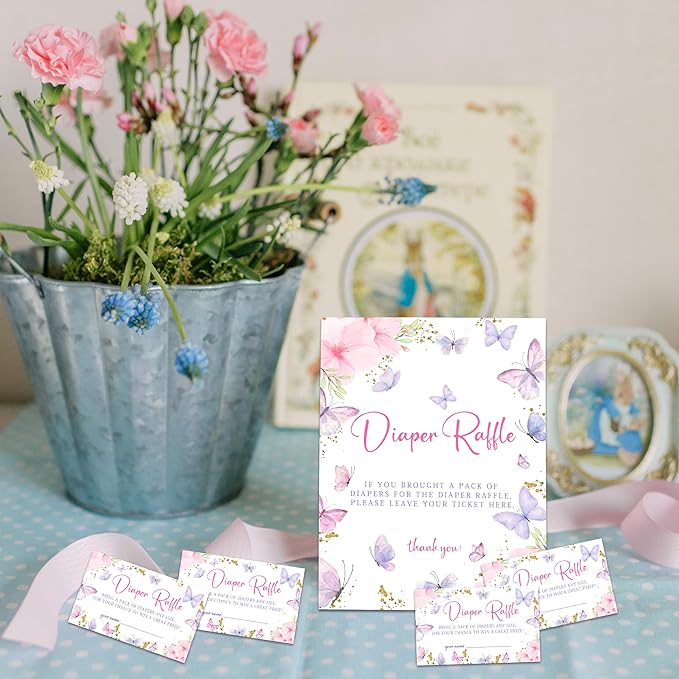 Watercolor Butterfly Diaper Raffle Set For Baby Shower - 50 Raffle Tickets With 1 Standing Sign - Baby Announcement, Gender Reveal Baby Shower Party Decoration Game Set - A03