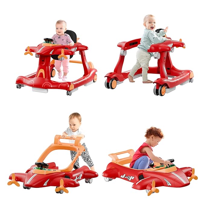 Xilingol 6-in-1 Baby Walker with Wheels, Adjustable Height & Speed Activity Walker with Padded Seat, Foldable Walker for Babies, Toddler Push Walkers for Boy & Girl 6-18 Months, Music & Light